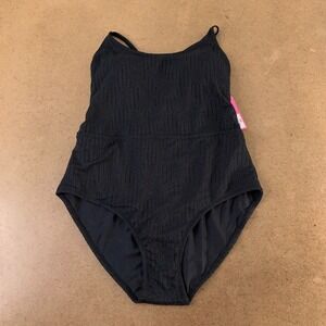 Ninety Nine Degrees Junior 1X Black Scoop Neck Lace Up Back 1 Piece Swimsuit NWT